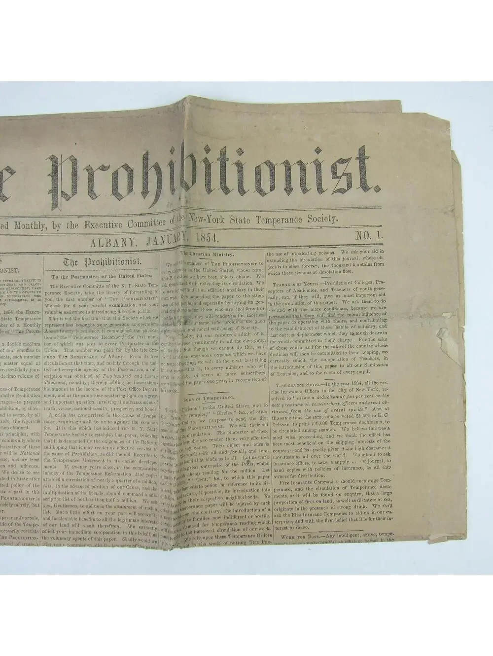 The Prohibitionist Newspaper New York Temperance Society #1 Antique 1854 RARE